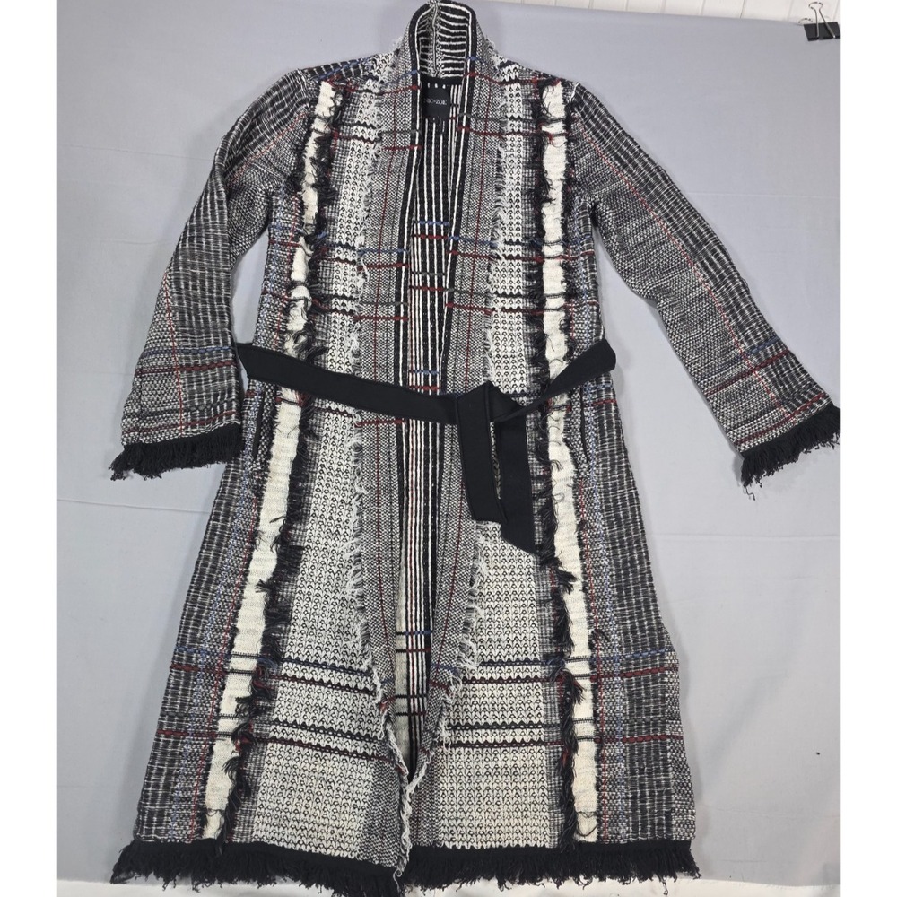 NIC+ZOE Open Front‎ Belted Jacquard Knit Cardigan Small Black White Pockets
